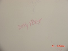 Becky's name will live on, even after four coats of paint (but not after I use the stain killer).