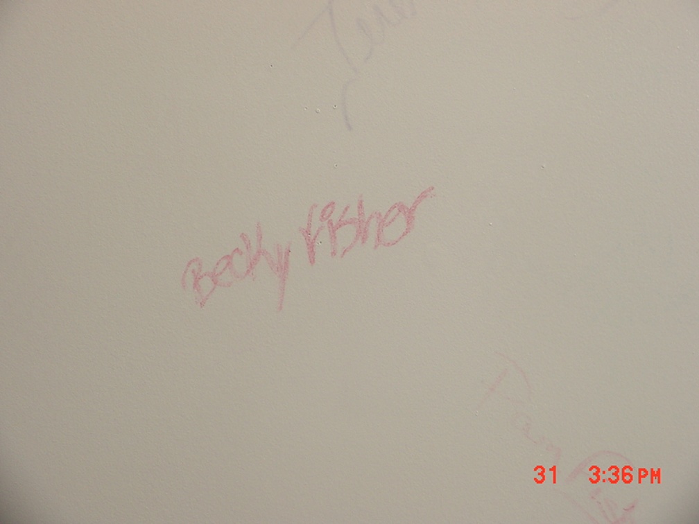 Becky's name will live on, even after four coats of paint (but not after I use the stain killer).
